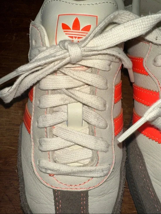 adidas Samba Cream Sneakers with Orange Stripes and Brown Suede - Picture 4 of 7